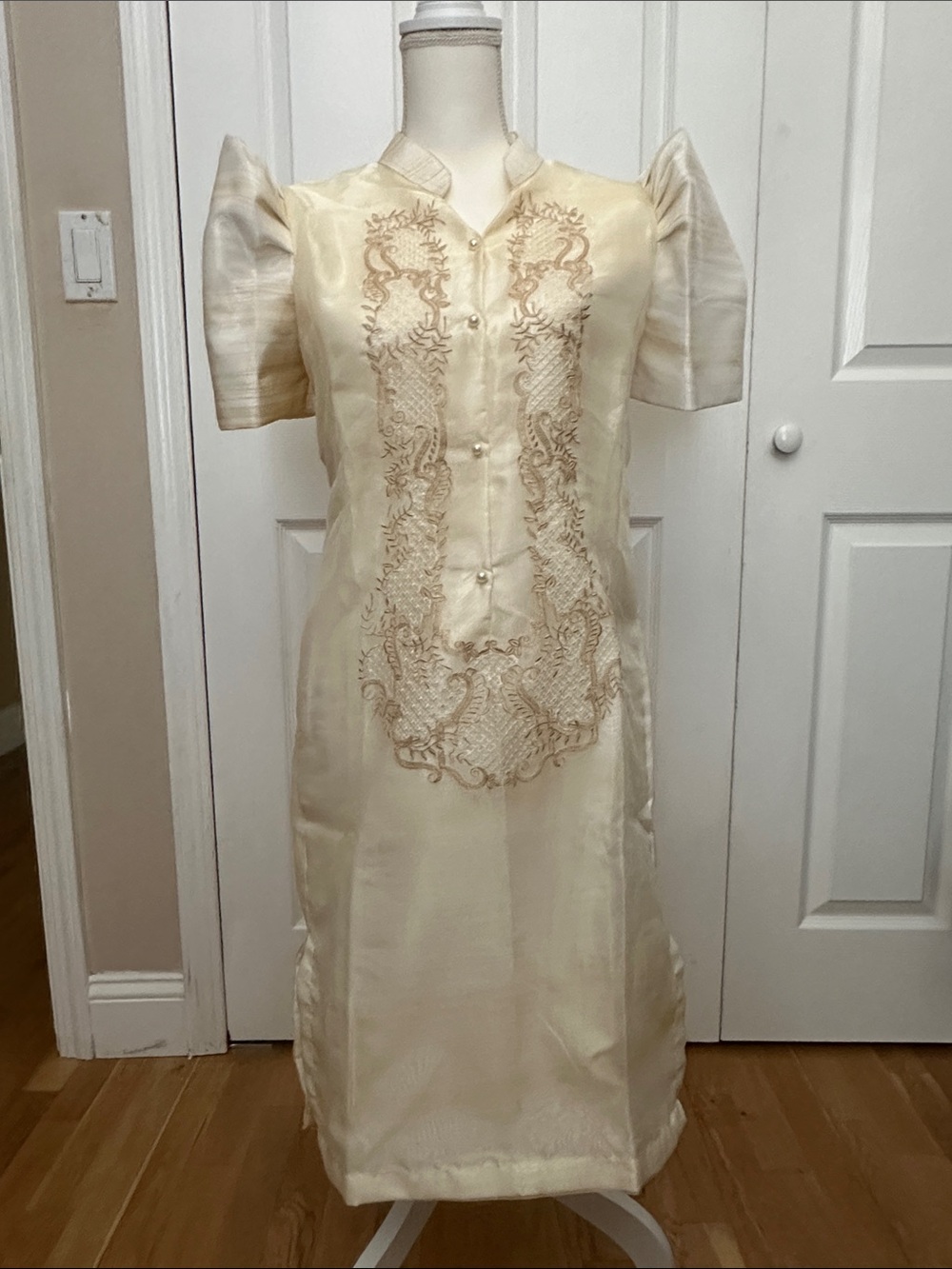Filipiniana Ivory Embroidered Short-Sleeve Dress